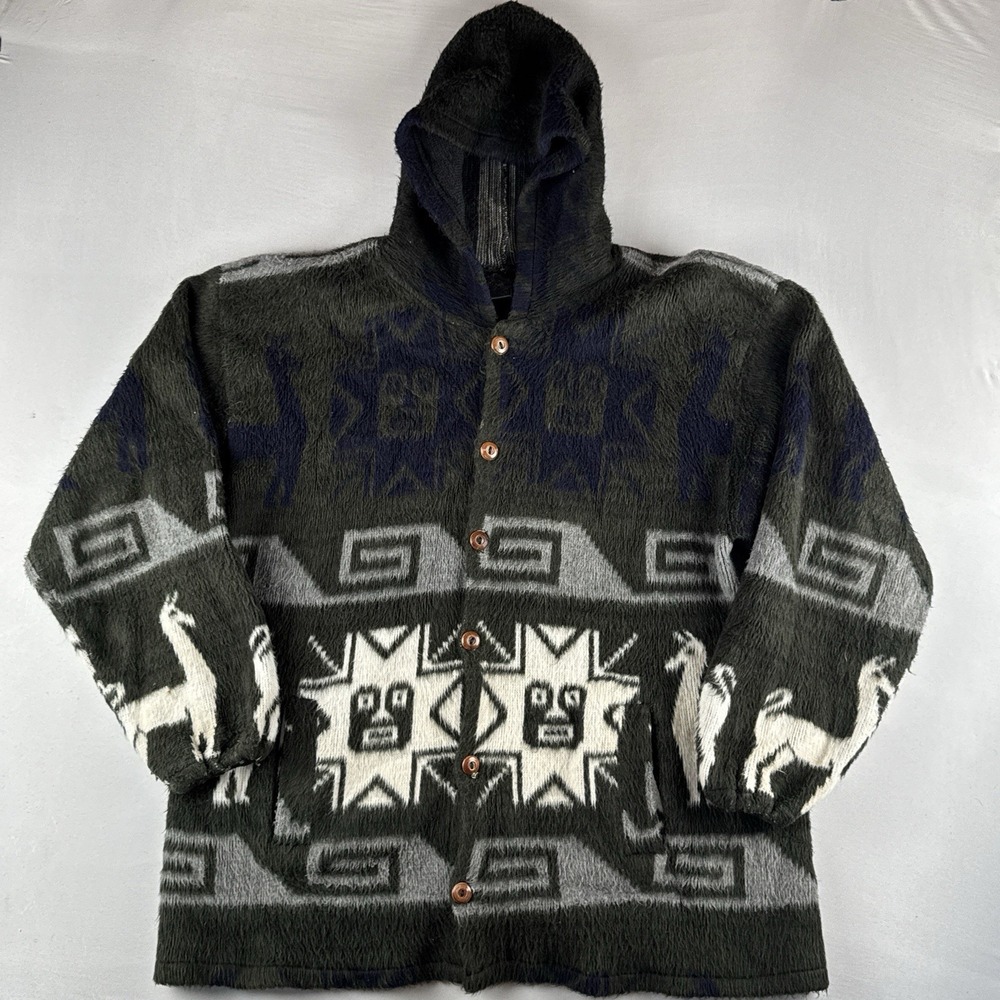 Vintage Artesanias Alpaca Wool Hooded Jacket Ecuador Llama Aztec Size XXL